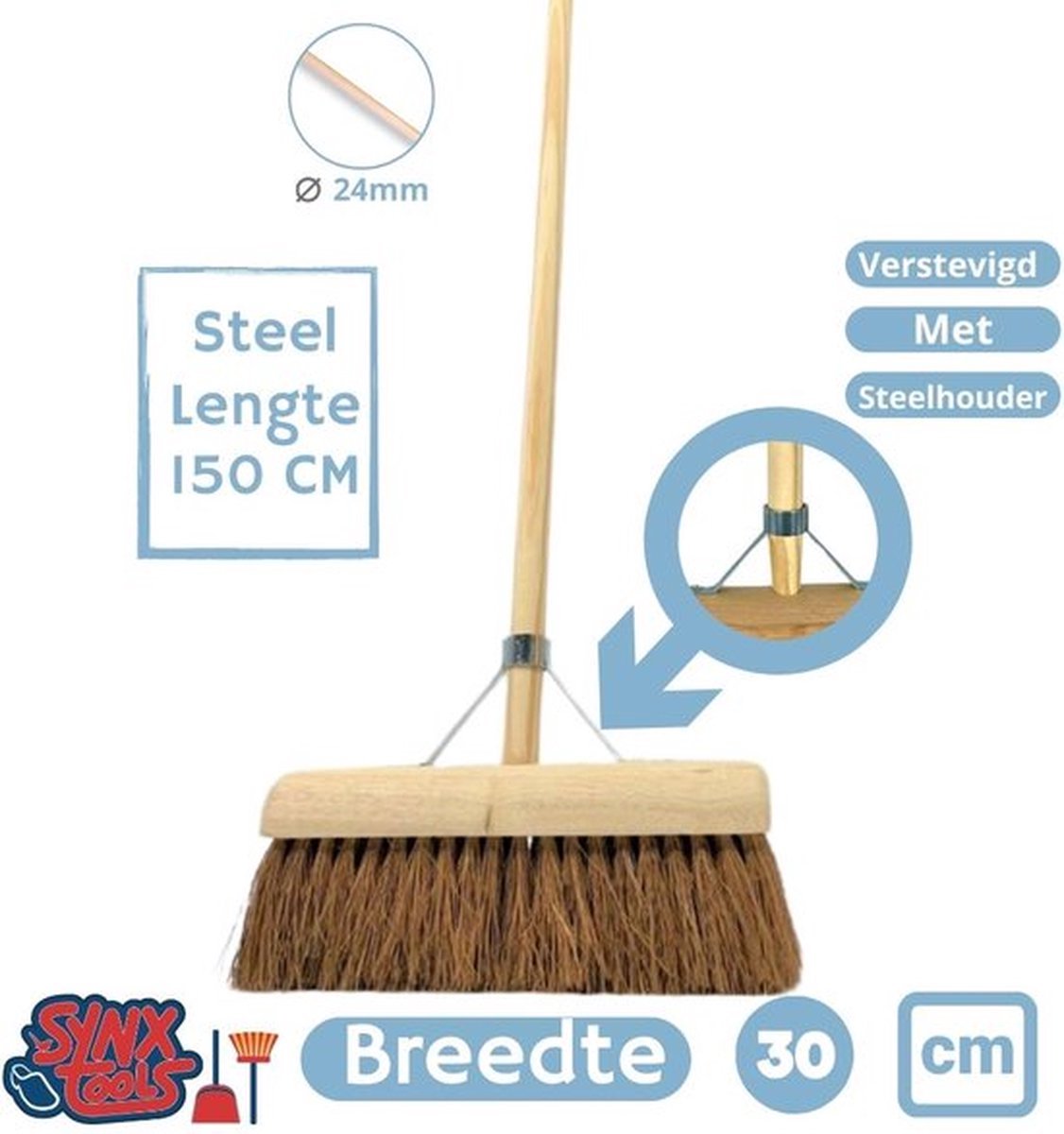 Synx Tools Coco bezem 30cm en Stoffer en blik met lange steel 97 cm