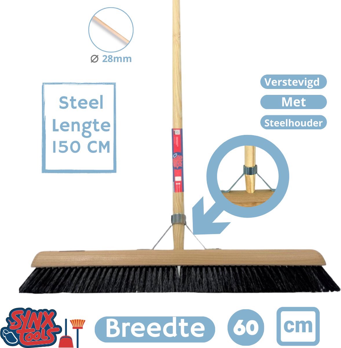 Synx Tools bezem Binnenbezem 60 cm en Stoffer en blik met lange steel 97 cm