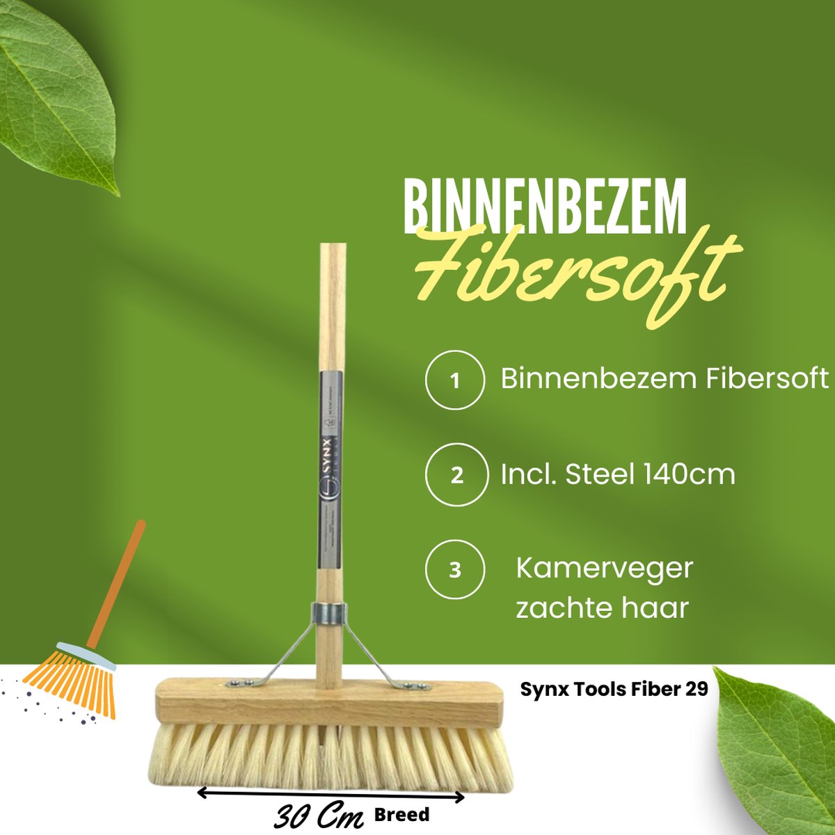 Synx Tools Binnenbezem Fibersoft met Steel (140 cm) - Zachte Bezem voor Binnen - Kamerveger & ECO Stoffer en Blik Set (Bamboe Collectie)"
