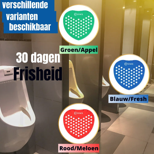 Blauw, rood en groen urinoir matjes met langdurige geurafgifte als luchtverfrisser van Synx Tools