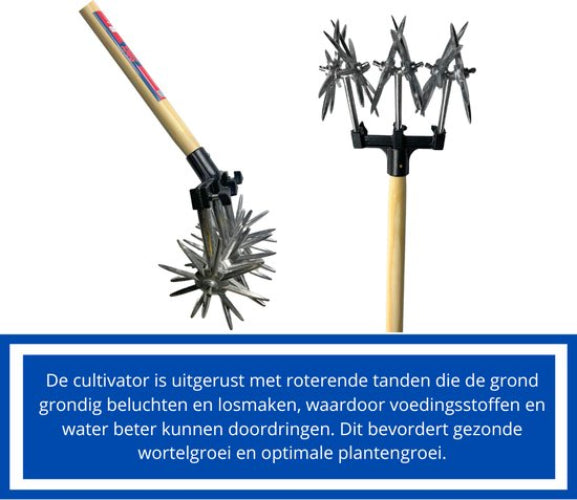 Rolcultivator 21 cm – cultivator tuin – grond losmaken gereedschap met steel