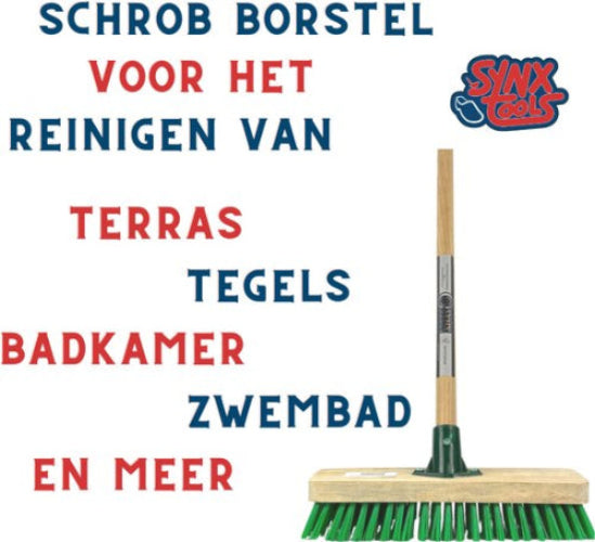 schrobbezem 28 cm met houten steel voor tegels en mos verwijderen