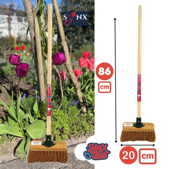 Synx Tools Kinderbezem Cocos set van 2 - Bezems - Buitenspeelgoed / Speelgoed incl. Steel 57cm - tuinierspeelgoed - Schepjes - Kinderen - Totale lengte 65cm