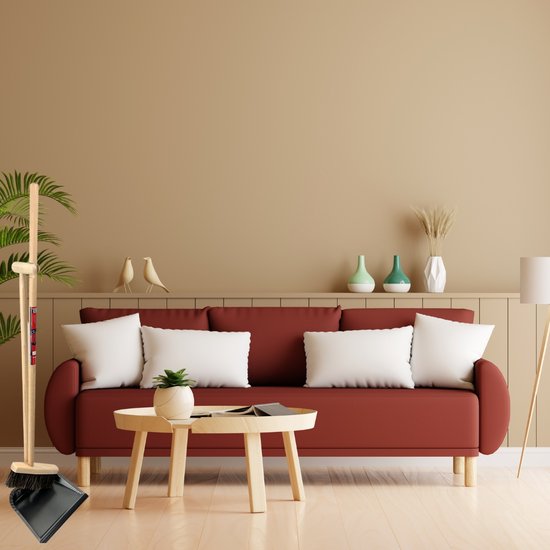 Stoffer en blik in moderne woonkamer met houten steel