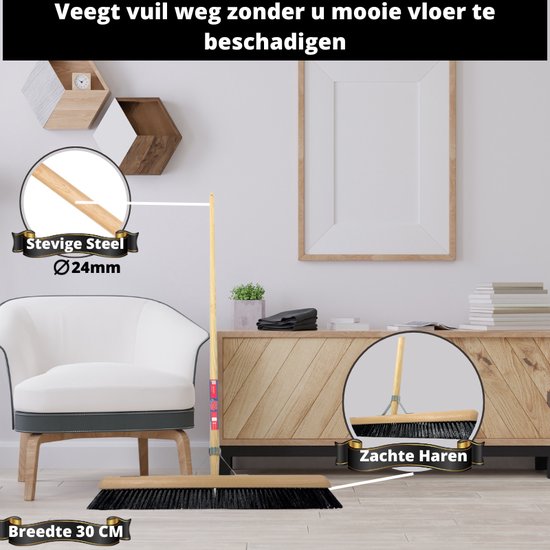 Synx Tools Binnenbezem bezem Zaalveger 30 cm, Paardenhaar, Kamerveger, Zachte bezem 30 cm, Bezem met steel 150 cm