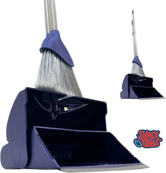 Synx Tools Stadsbezem Steel 120cm & Stoffer en Blik met lange steel 95cm - Harde natuurvezels - Straatbezem - Hotel Stoffer Blik set - sluitend model
