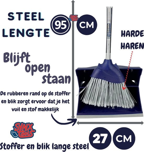 Synx Tools Coco bezem 60cm en Stoffer en Blik met lange steel 95 cm- Bezemset - Cocosharen - Zaalveger - stoffer - Kunststof - Hotel Stoffer Blik set - Stoffer en blik sluitend model - Schoonmaakartikelen