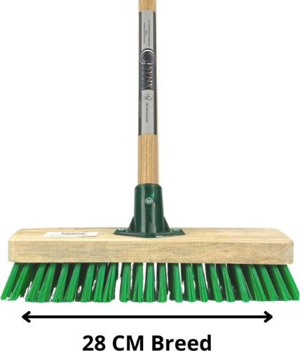 schrobbezem 28 cm met houten steel voor tegels en mos verwijderen