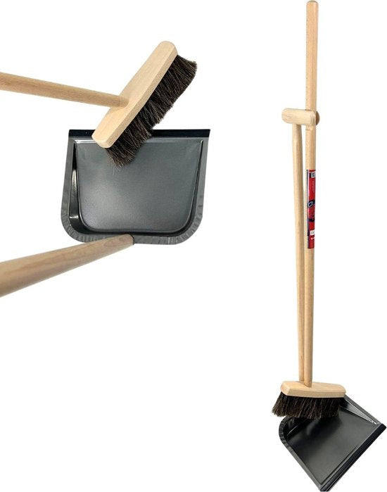 Set de nettoyage balai doux et pelle à manche long - 97 cm - plumeau - bois/métal - balayeuse en crin de cheval (30 cm) avec manche 120 cm - set combiné - kit de nettoyage complet pour espaces intérieurs