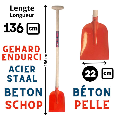 Rode betonschop met gehard stalen blad van 22 cm en een T-greep houten steel van 110 cm