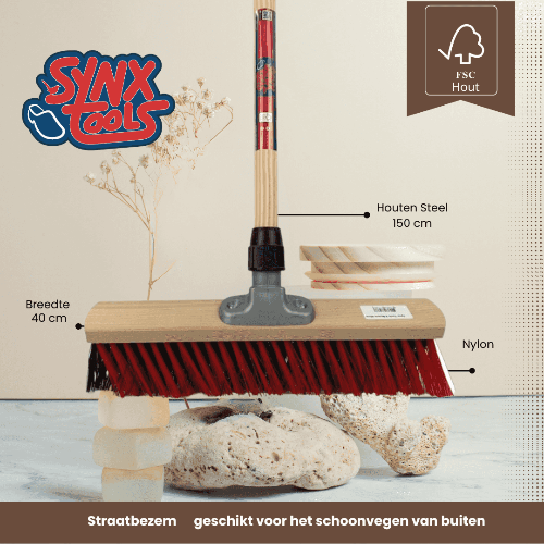 X bezem rood zwart met houten steel 150 cm