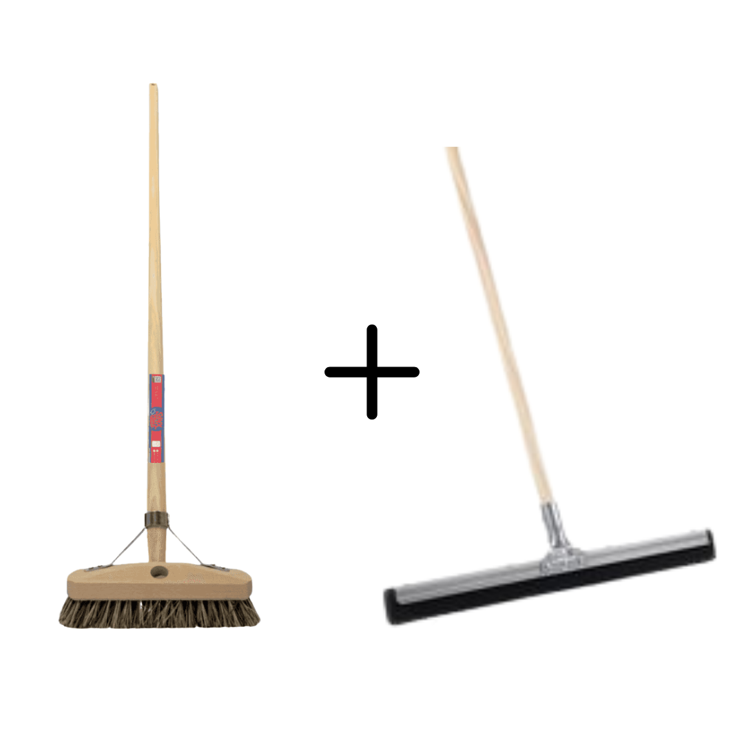 Synx Tools Schrobbezem Union Luiwagen + Werkhandborstel & Vloertrekker 75cm met steel set van 2 – Harde haren – Duurzame houten steel – Streeploos resultaat – Lengte 150cm