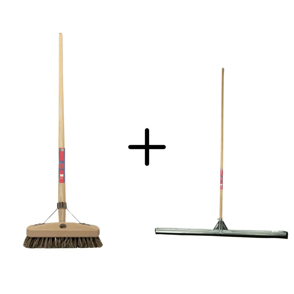 Synx Tools Schrobbezem Union Luiwagen + Werkhandborstel & Vloertrekker 100 cm set van 2 – Harde haren – Duurzame houten steel – Streeploos resultaat – Lengte 150 cm