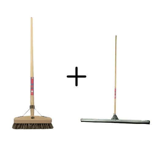 Synx Tools Schrobbezem Union Luiwagen + Werkhandborstel & Vloertrekker 100 cm set van 2 – Harde haren – Duurzame houten steel – Streeploos resultaat – Lengte 150 cm