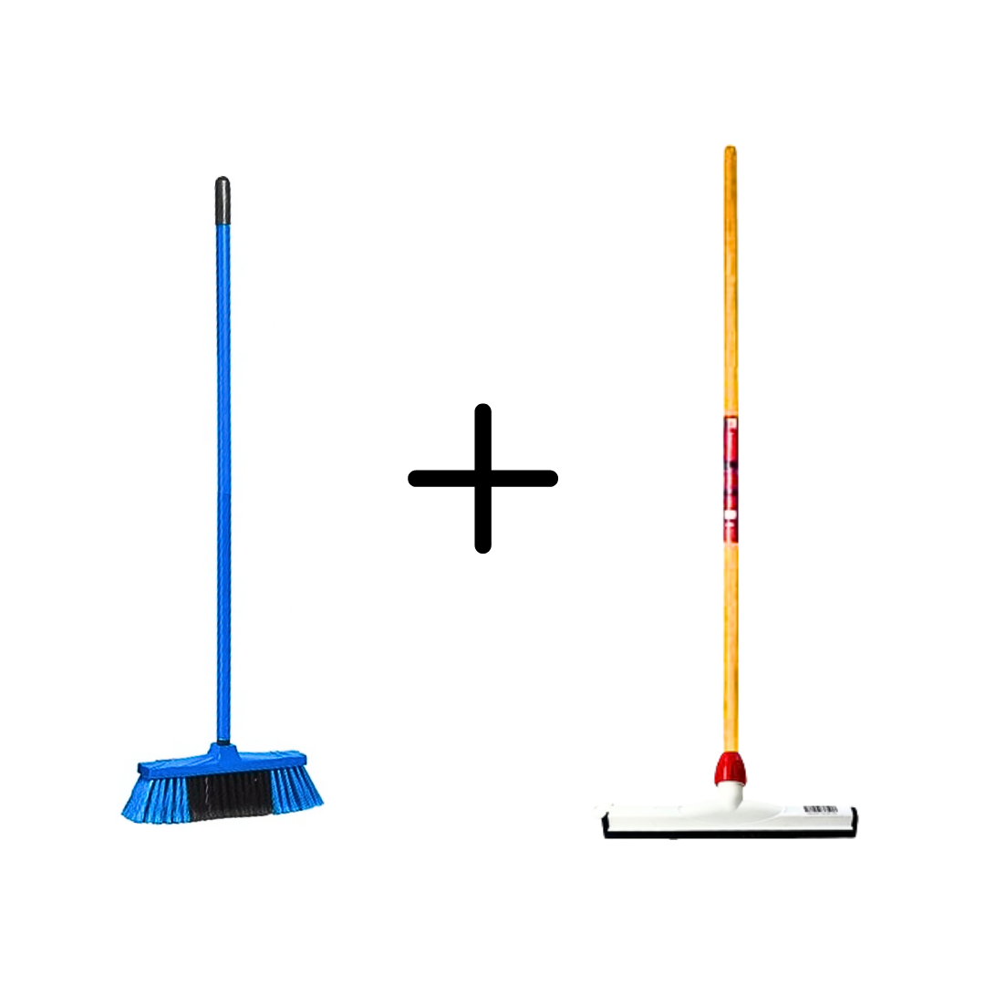 Binnenbezem Blauw + Vloertrekker Kunststof 35cm met Steel 120cm