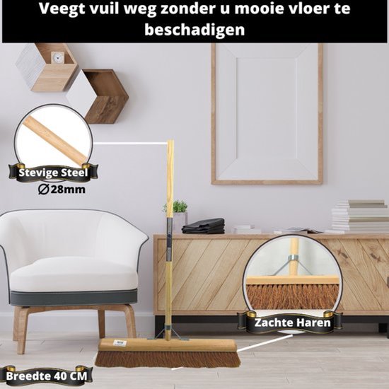 Synx Tools Kokos-Innenbesen 40cm + Bodenabzieher Kunststoff 55cm mit Stiel 150cm - Saalbesen - Bodenreiniger - Naturkautschuk - Weichbesen Kokosnuss mit Stiel 160cm