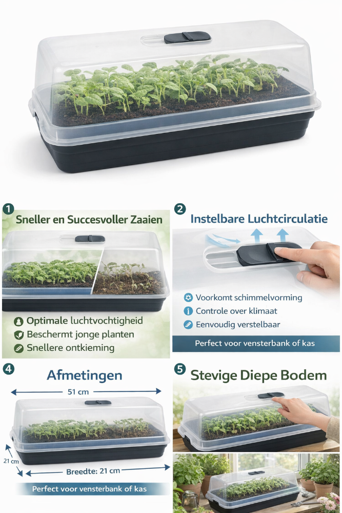 Kweekbak set 2 stuks met zwarte tray en transparante kap voor zaailingen – Synx Tools