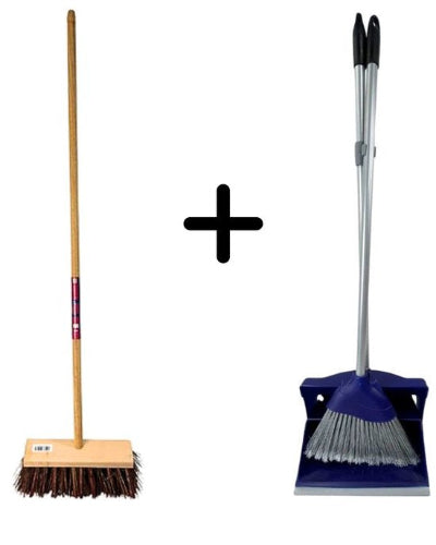 Synx Tools Stadsbezem 150cm & Stoffer en Blik Set – Harde Natuurvezels – Straatbezem & Hotel Stoffer Blik met Lange Steel 95cm – Sluitend Model