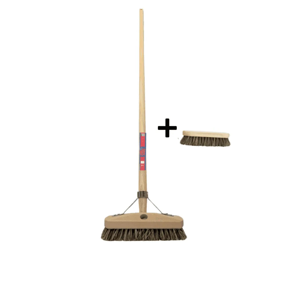Synx Tools Schrobbezem Union Luiwagen + Werkhandborstel & Vloertrekker 100 cm set van 2 – Harde haren – Duurzame houten steel – Streeploos resultaat – Lengte 150 cm
