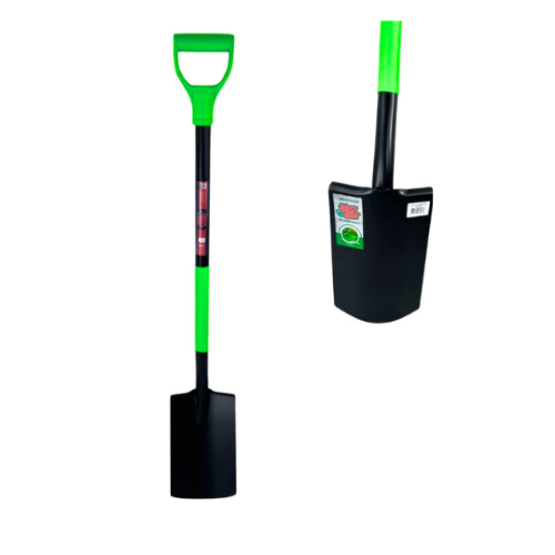 ERGO Tuinspade met steel, groene D-handvat en een close up afbeelding