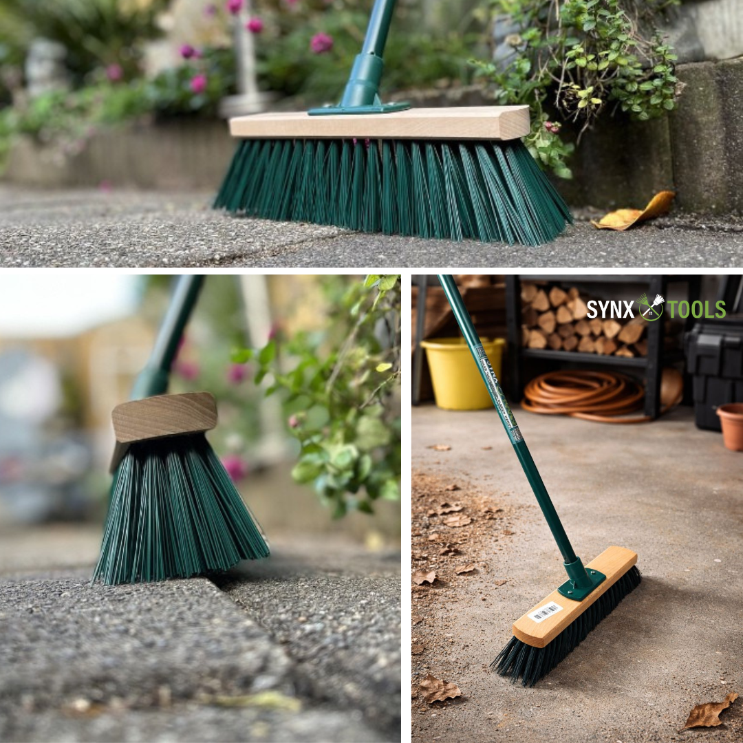 Detail van borstelharen van Synx Tools straatbezem groen voor intensief gebruik