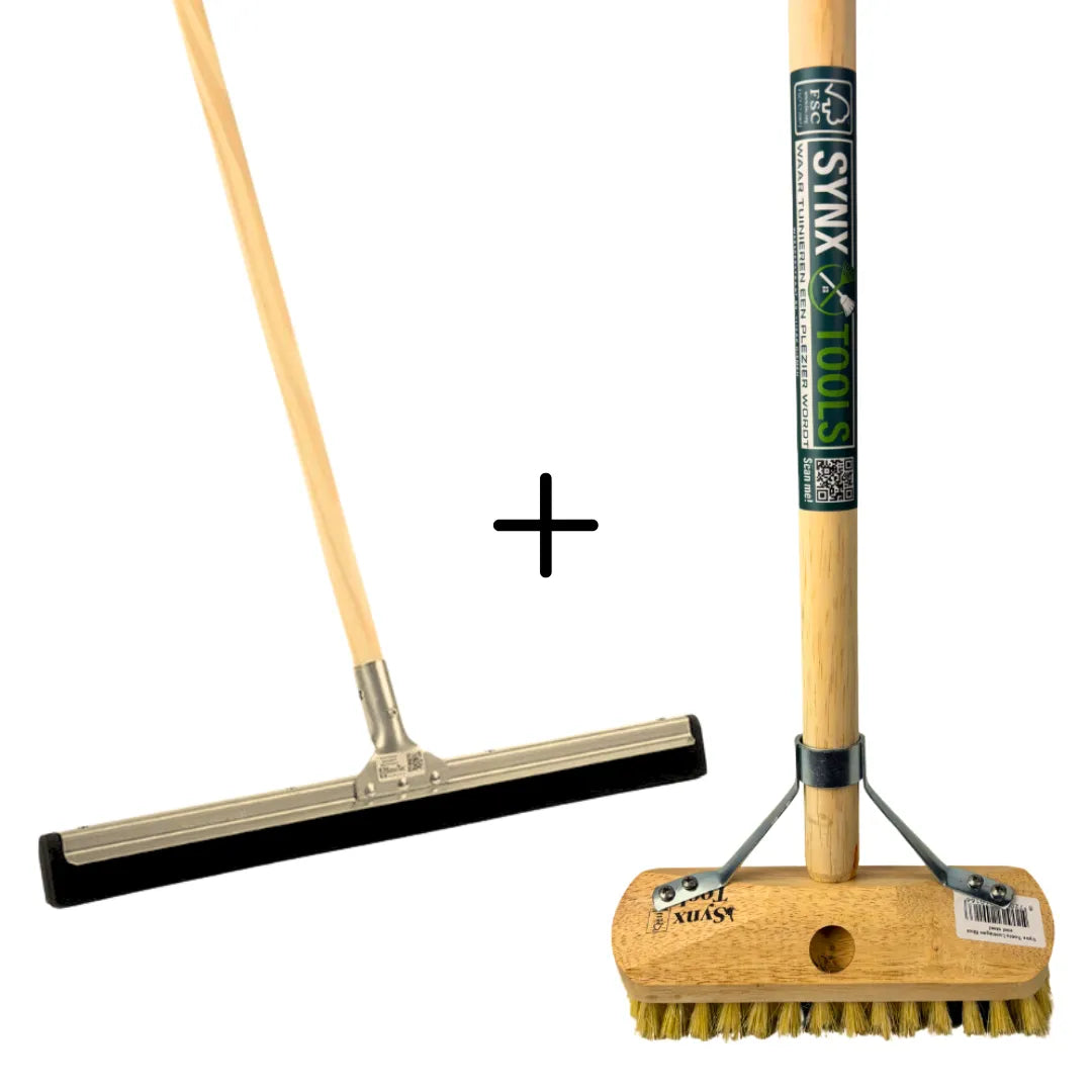 Synx Tools set van 2 schrobbezem met harde haren en vloertrekker 75 cm met steel 150 cm