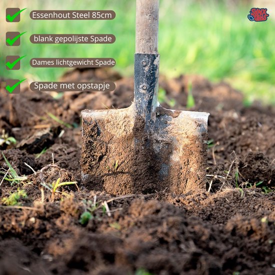 Damesspade met essenhout steel in aarde