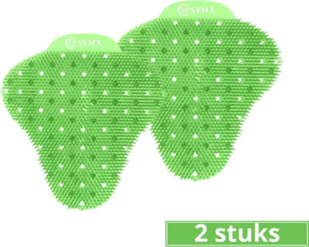 2 groene urinoirrooster met een witte achtergrond