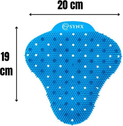 Blauwe urinoirrooster met een breedte van 20 cm en een lengte van 19 cm