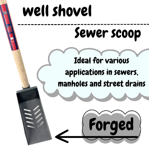 Handgesmede rioolschep met smal blad en waterafvoergleuven