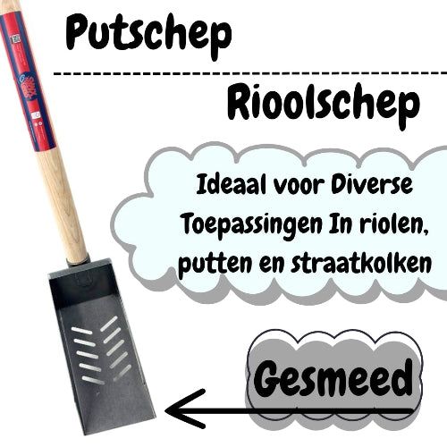 handgesmeed rioolschep met een houten steel