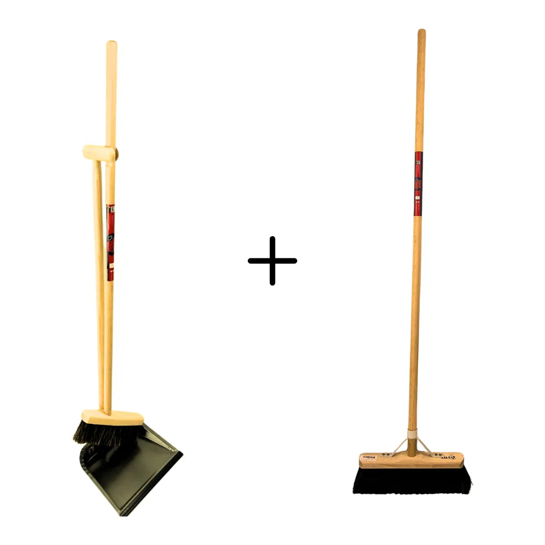 Zaalveger set met zachte bezem en veger en blik voor schoonmaken van vloeren thuis of professioneel.