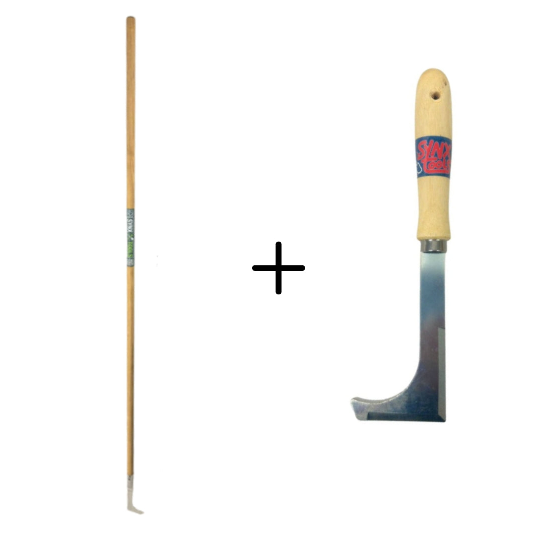 Set van 2 Synx Tools handvoegenmessen met 150 cm lange steel, ideaal als onkruidkrabber en onkruidverwijderaar voor tuin, terras en oprit.