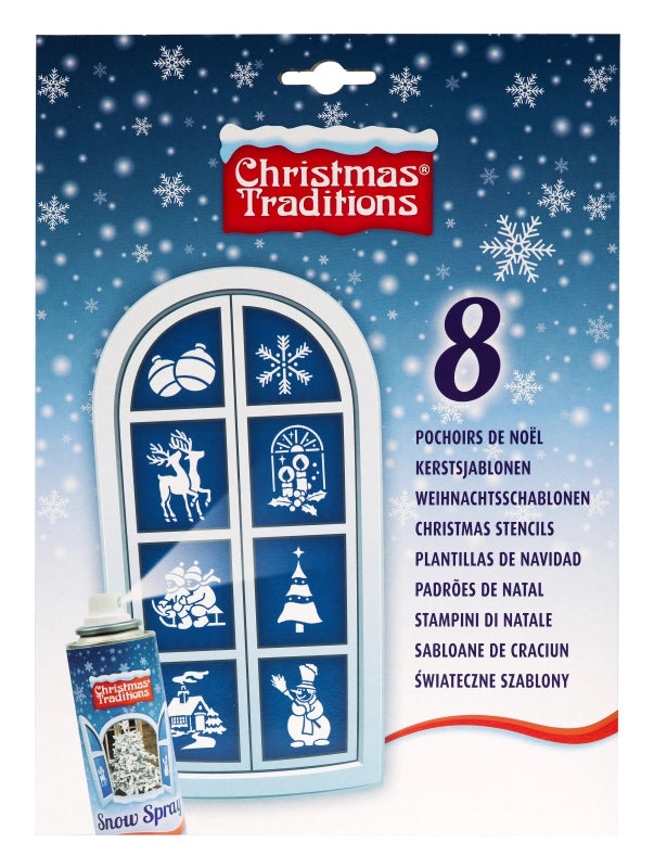 Sneeuwspray met Kerst Raamsjablonen Set - spuitsneeuw - sneeuwversiering (8 stuks, 150 ml)