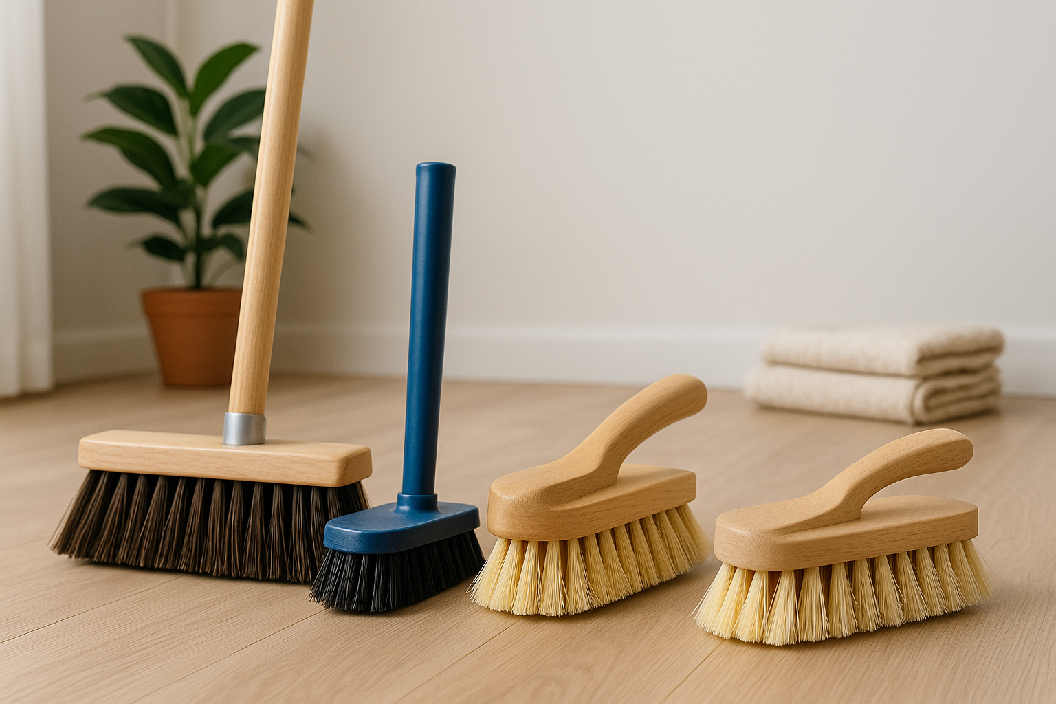 Vier soorten schoonmaakborstels – schrobborstel, schrobbezem, schrobber en luiwagen – op een houten vloer. De afbeelding hoort bij de blog ‘De ultieme gids voor schrobborstels’ van Synxstore en laat de verschillen in gebruik en soorten zien.