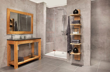 White ceramic bathroom set with modern design, includes soap dispenser.