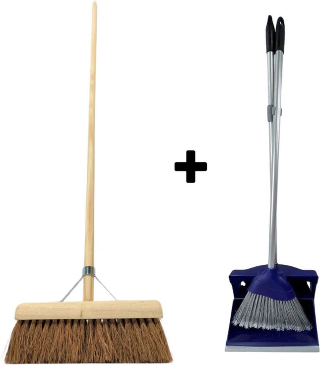 Synx Tools Coco bezem 50cm en Stoffer en Blik met lange steel 95 cm- Bezemset - Cocosharen - Zaalveger - stoffer - Kunststof - Hotel Stoffer Blik set - Stoffer en blik sluitend model - Schoonmaakartikelen