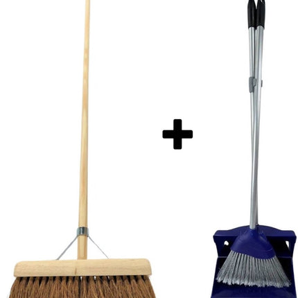 Synx Tools Coco bezem 60cm en Stoffer en Blik met lange steel 95 cm- Bezemset - Cocosharen - Zaalveger - stoffer - Kunststof - Hotel Stoffer Blik set - Stoffer en blik sluitend model - Schoonmaakartikelen