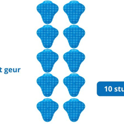 10 blauwe urinoirroosters met een witte achtergrond