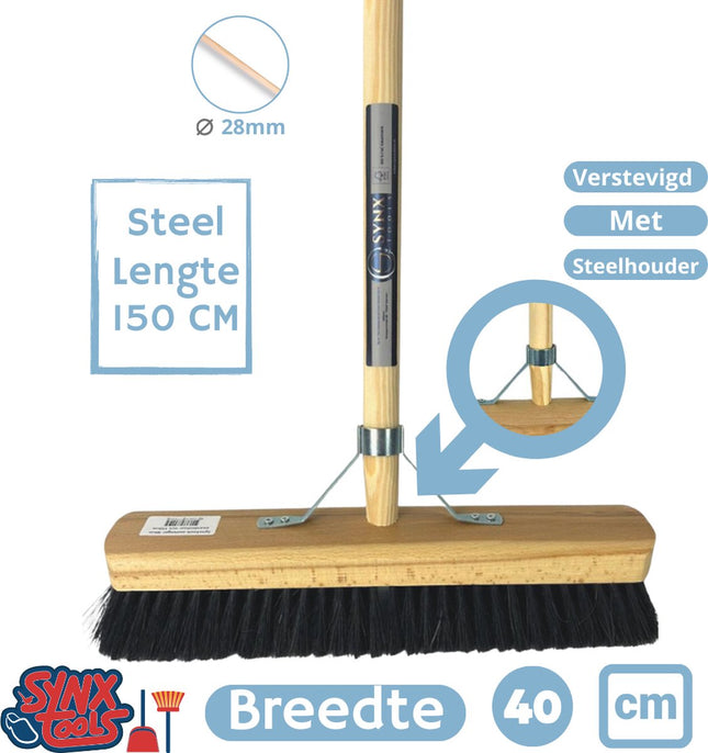 Synx Tools bezem Binnenbezem paardenhaar 40 cm - Stoffer en Blik met lange steel 95 cm- Bezemset - Cocosharen - Zaalveger - Kunststof - Hotel Stoffer Blik set - Stoffer en blik sluitend model - Schoonmaakartikelen