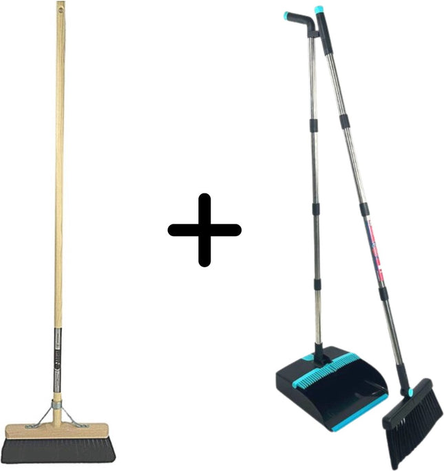 Synx Tools Balai à poils de cheval 40 cm et ensemble de 2 pelles et balayettes - Balai à poils de cheval / balayeuse de pièce - Balai doux 40 cm - Manche à balai - Manche réglable jusqu'à 121 cm