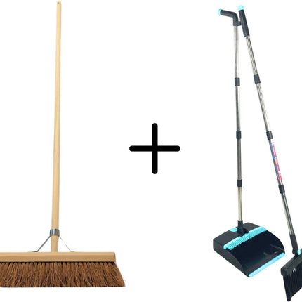 Synx Tools bezem Coco binnenbezem 50cm & Synx Tools Stoffer en Blik met lange steel 121 cm - Zachte bezems - kokos - Zaalveger - Bezemsteel - Stoffer & Blik Met Schoonmaaktanden - veger en blik