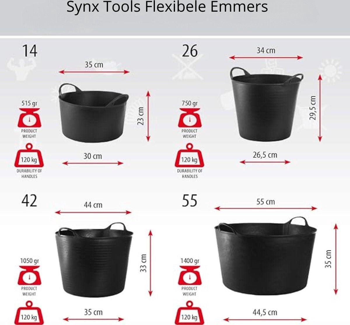 Synx Tools 3x Flexibele kuip emmer 42L - Opbergmanden - flexibele wasmand - flexibele emmer - Flex tub