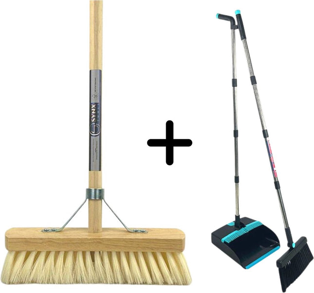 Synx Tools Fibersoft & Stoffer en Blik Set van 2 – Zachte Fiber Bezem met 140cm Steel – Verstelbare Stoffer en Blik Steel tot 121cm – Inclusief Schoonmaaktanden
