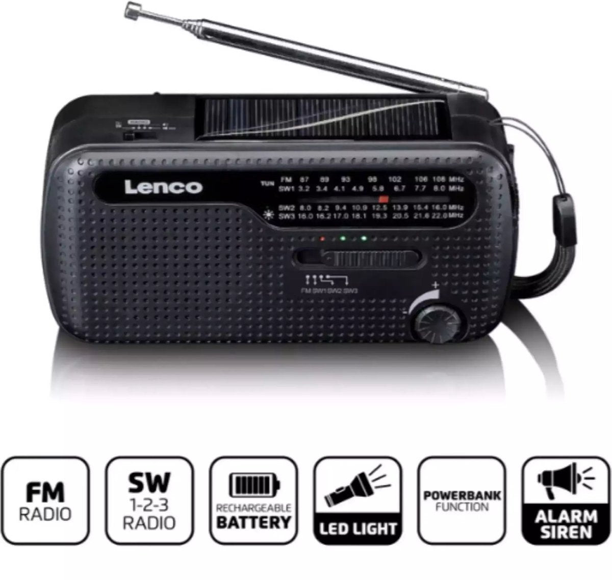 Lenco Noodradio - Draagbare opwindbare Radio - Radio op batterijen - Powerbank - Zaklamp - Noodpakket - MCR-113BK - Zwart