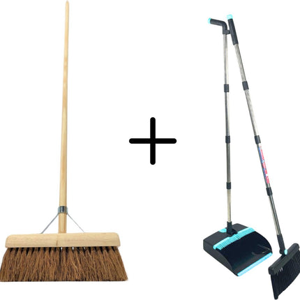 Synx Tools bezem Coco binnenbezem 30cm & Synx Tools Stoffer en Blik met lange steel 121 cm - Zachte bezems - kokos - Zaalveger - Bezemsteel - Stoffer & Blik Met Schoonmaaktanden - veger en blik
