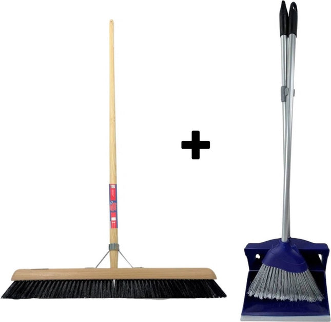 Synx Tools bezem Binnenbezem paardenhaar 60 cm - Stoffer en Blik met lange steel 95 cm- Bezemset - Cocosharen - Zaalveger - Kunststof - Hotel Stoffer Blik set - Stoffer en blik sluitend model - Schoonmaakartikelen