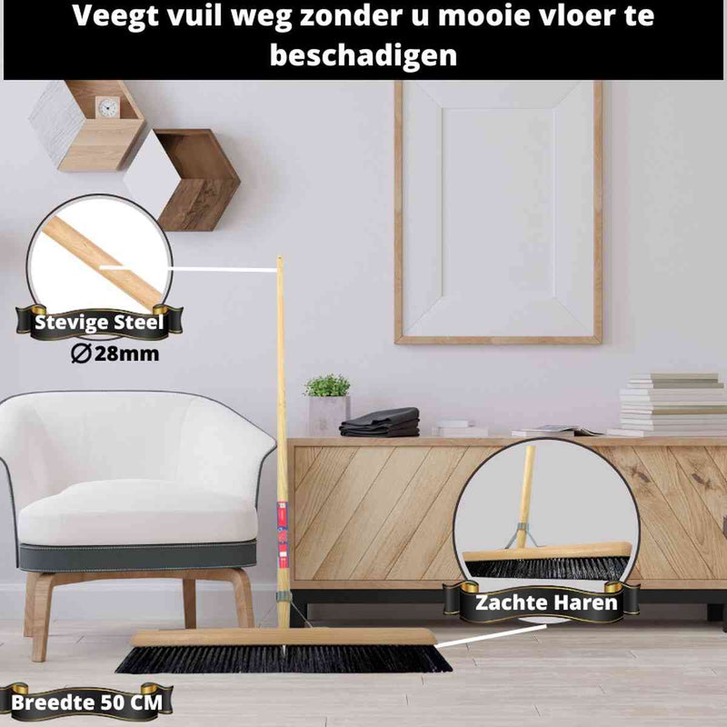 Synx Tools Zaalveger 50cm - Paardenhaar / Kamerveger - Zachte bezem 50 cm - Bezems Binnen - Bezem zacht met Steel 150 cm