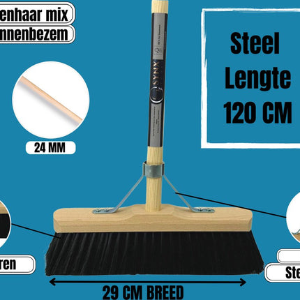 Synx Tools Balai d'intérieur en crin de cheval 29 cm - Balai souple - Balai souple - Incl. Acier 120cm - Ensemble balai et pelle/Pelle et balayette "bambou" collection "ECO"