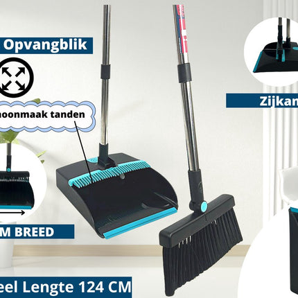 Synx Tools bezem Coco binnenbezem 50cm & Synx Tools Stoffer en Blik met lange steel 121 cm - Zachte bezems - kokos - Zaalveger - Bezemsteel - Stoffer & Blik Met Schoonmaaktanden - veger en blik